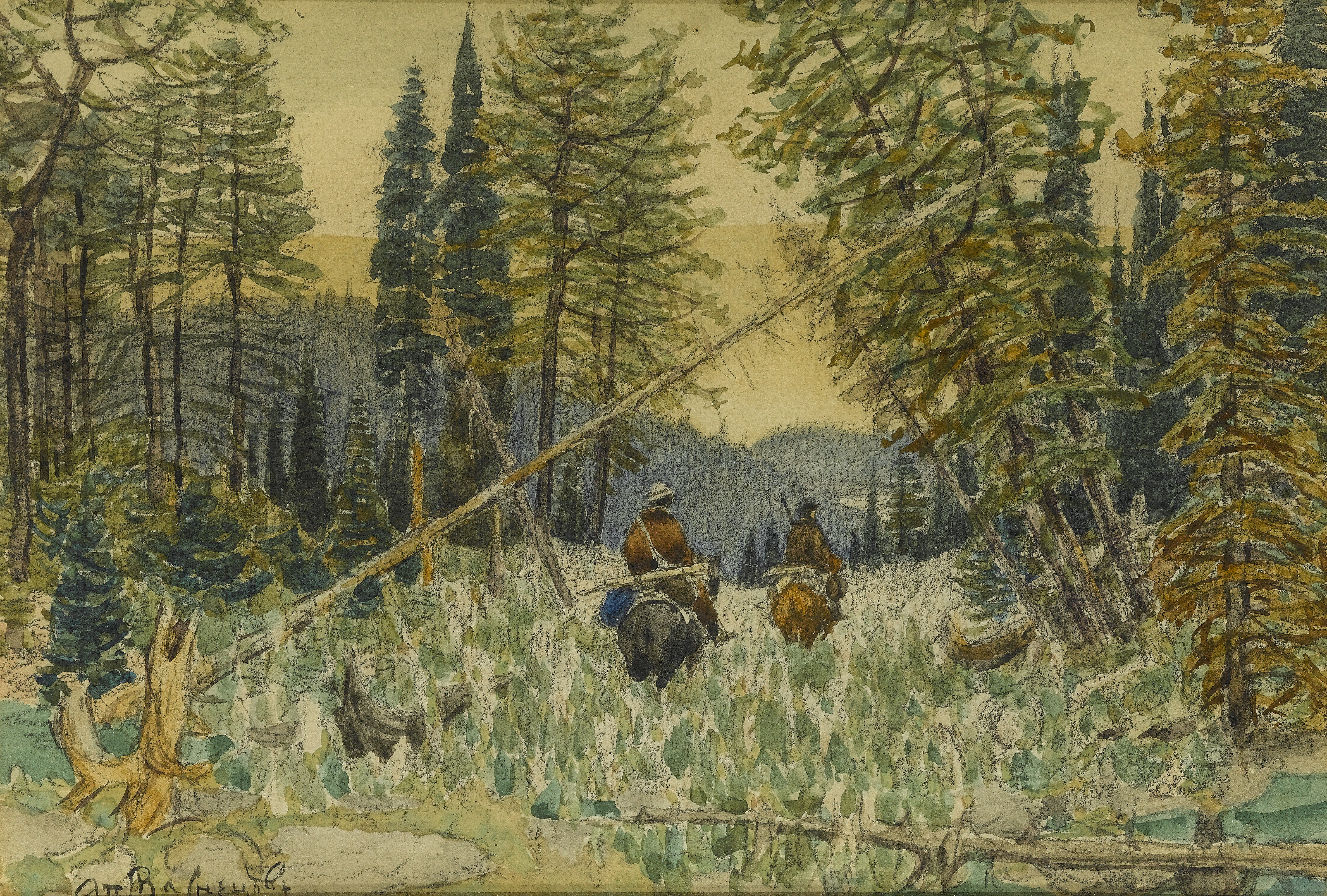 Hunters on Horseback in a Pine Forest